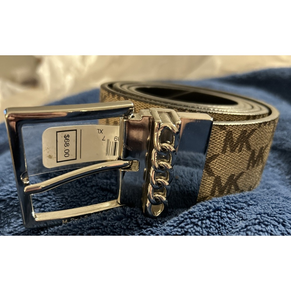 New MICHAEL KORS MK LOGO Adjustable Belt  BROWN/VANILLA MK logo Gold Buckle Sz L